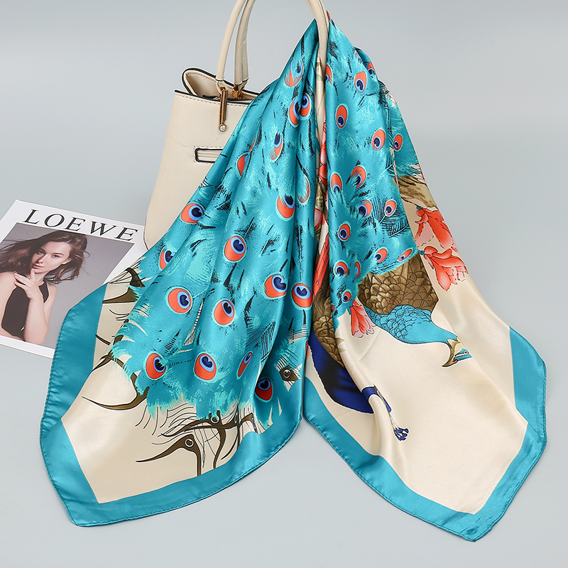 90*90 cm Hijab foulards femmes mode paon motif impression écharpe femme carré châles tête dames Bandanna Foulard silencieux fille