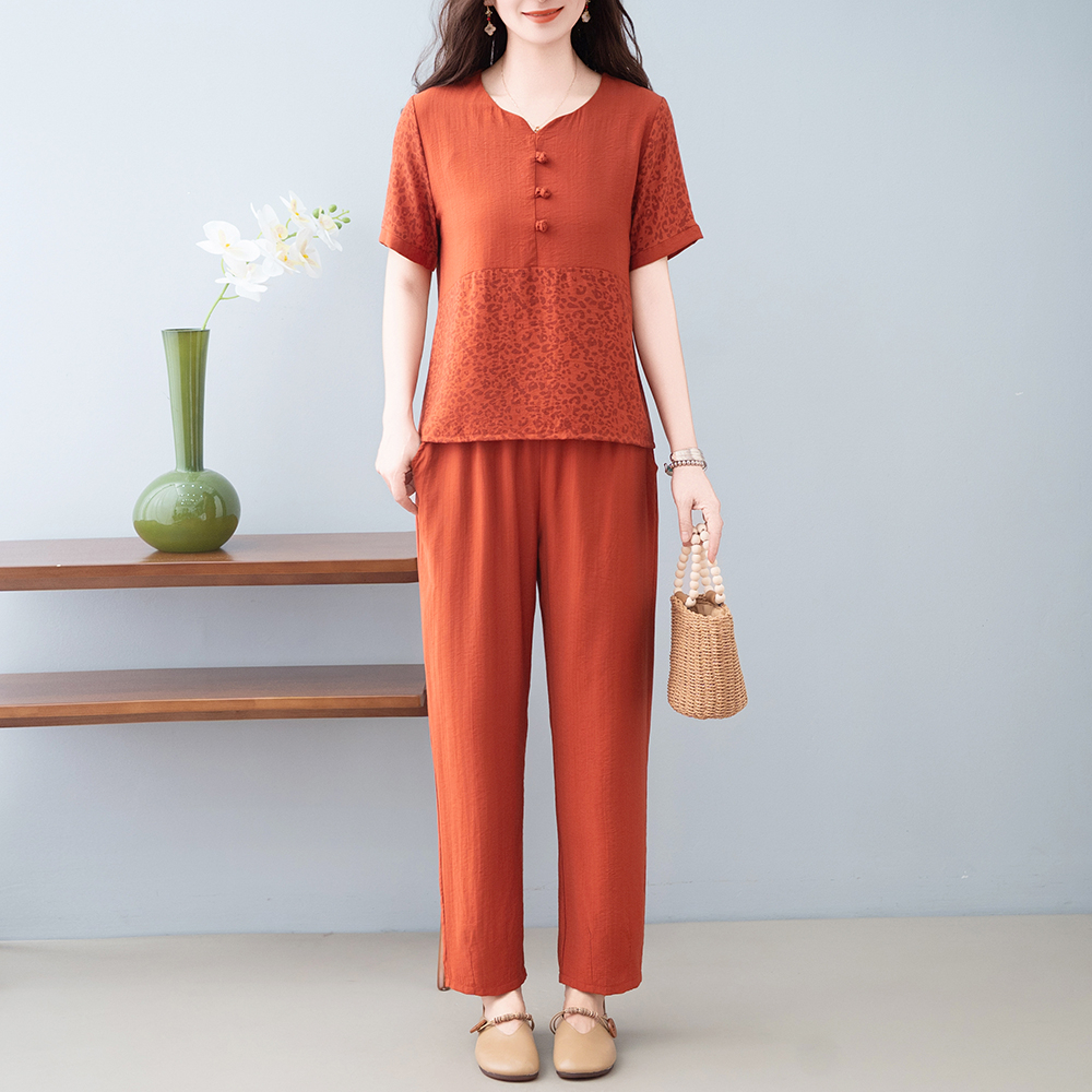 Ensemble chemise et pantalon à manches courtes pour femmes d'âge moyen et âgées, coupe ample, tenue pour mère, haut d'été