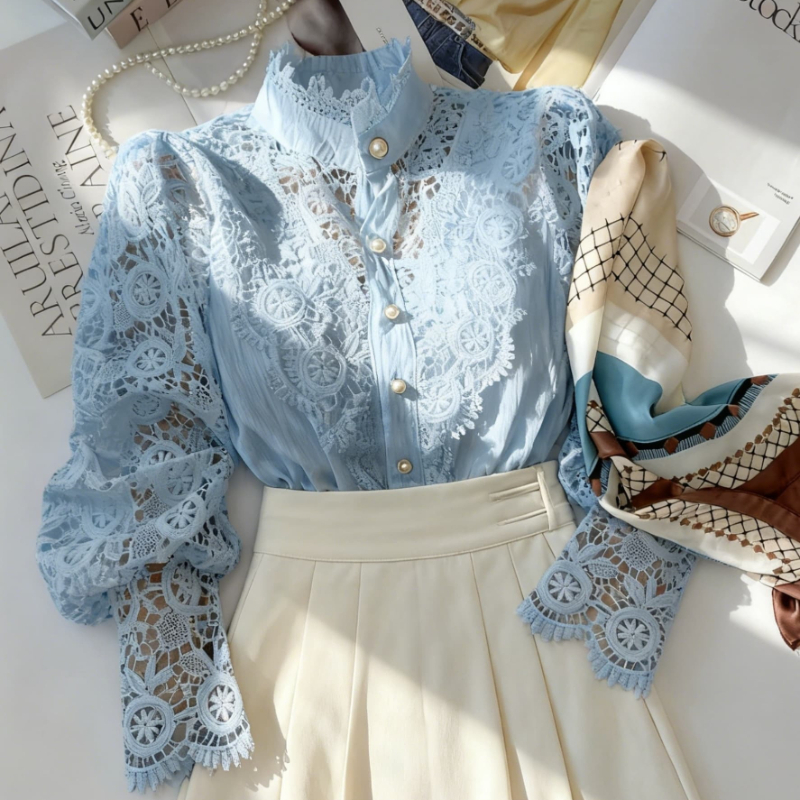 Chemisier Chic à manches longues et col haut pour femmes, haut élégant à manches creuses à panneaux en dentelle, tenues de bureau Vintage à la mode pour dames, nouvelle collection