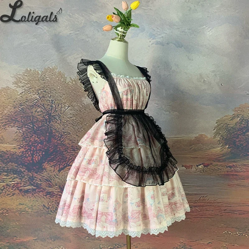 Mignon tablier de cosplay en maille à volants, rideau de taille de femme de chambre, surcouche Lolita
