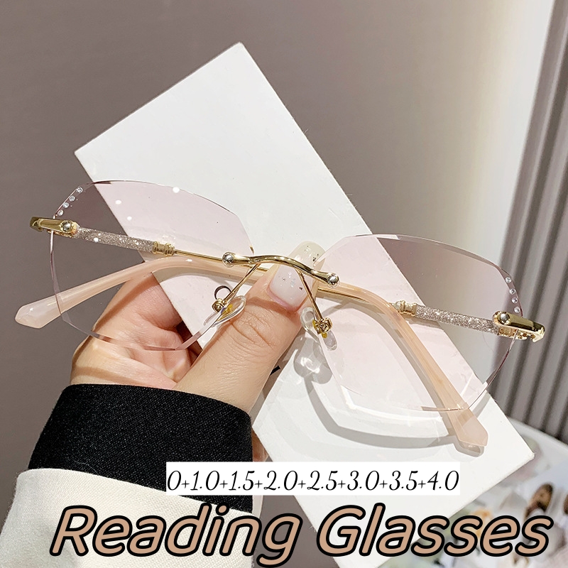 Lunettes de Lecture Sans Monture Rose de Luxe pour Femme, Monture Carrée, Coupe Diamant, Presbytie, Anti-bleu, Vue de Loin
