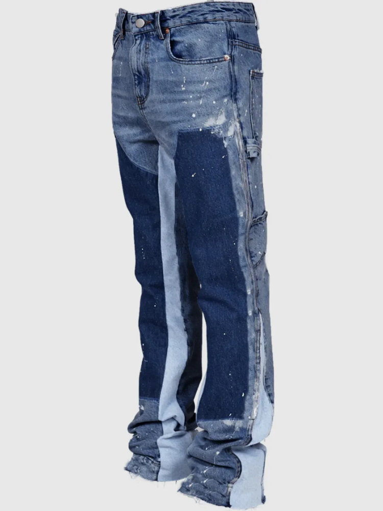Viser de travail jeans de mode pour hommes, pantalons évasés en couches de denim de patchwork élastique de vêtements de travail de mode européenne et américaine S-XXL