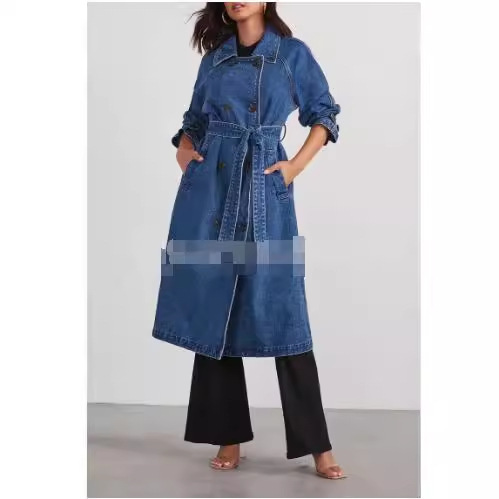 Veste longue délavée pour femme, coupe-vent en denim, poches, revers à lacets, double boutonnage, manteau décontracté, vêtements d'extérieur féminins, 2025