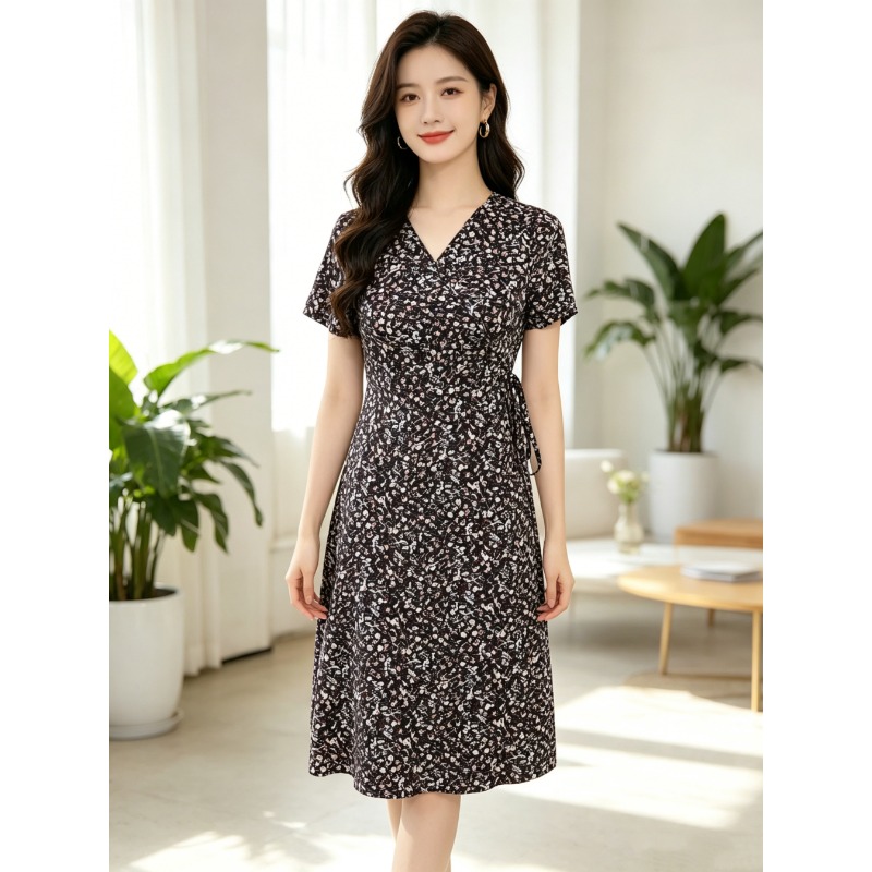Robe portefeuille florale pour femme, col en V, manches courtes, taille haute, avec liens latéraux, coupe ajustée, longueur midi, décontractée, pour le bureau, l'été ou les soirées