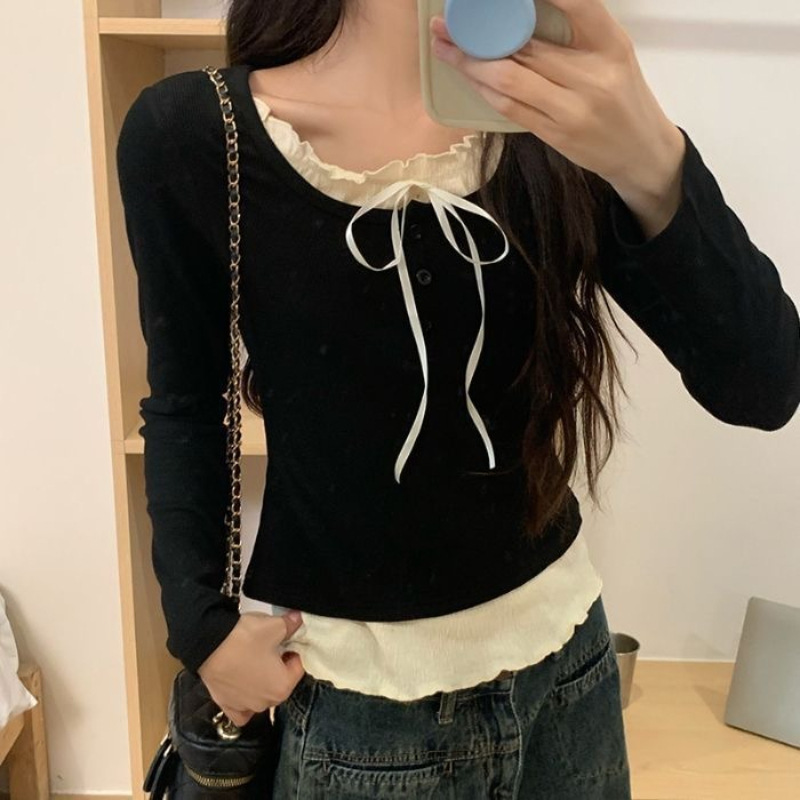 Haut court Y2K Kawaii d'été 2026 pour femme, chemisier décontracté moulant à manches longues, pull uni style coréen, idéal pour le bureau