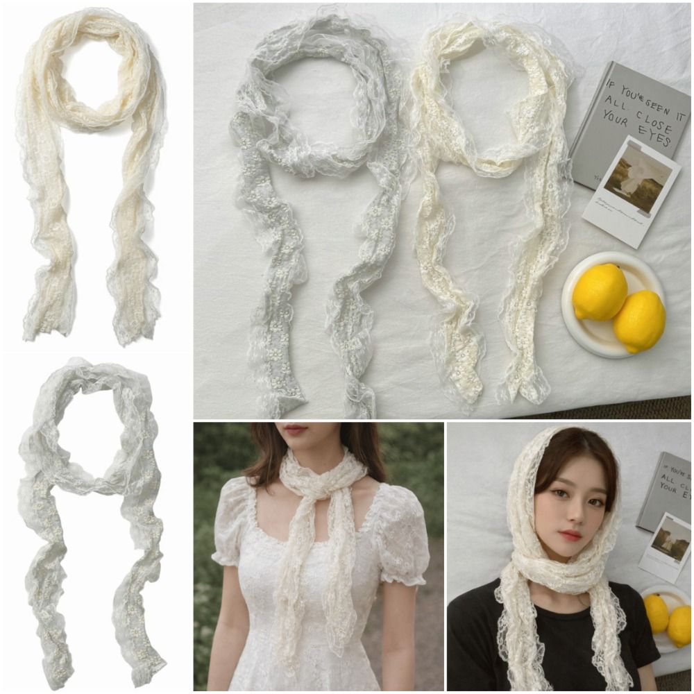 Écharpe de cou tendance en dentelle florale, bordure en dentelle, blanc beige, châle photo-prêt, long, fin, polyvalent, bandeau, accessoires photo