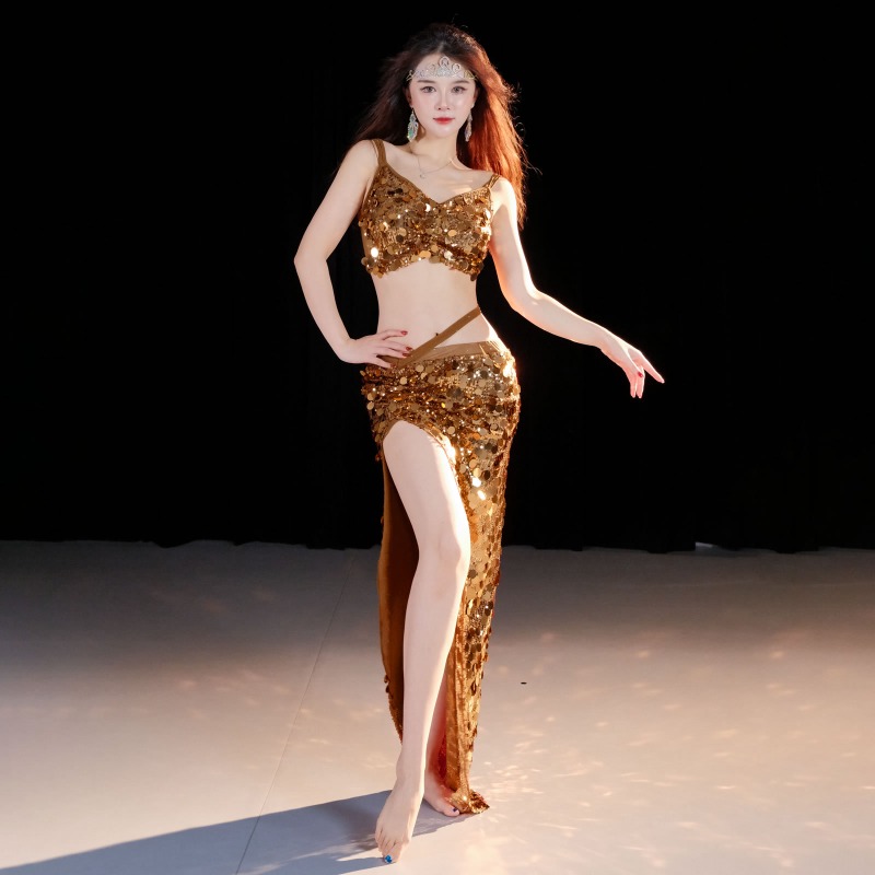 Costumes de danse du ventre, tenue Sexy à paillettes pour femmes adultes, ensemble de scène, haut et jupe, ensemble de 2 pièces, Costume d'entraînement de Performance