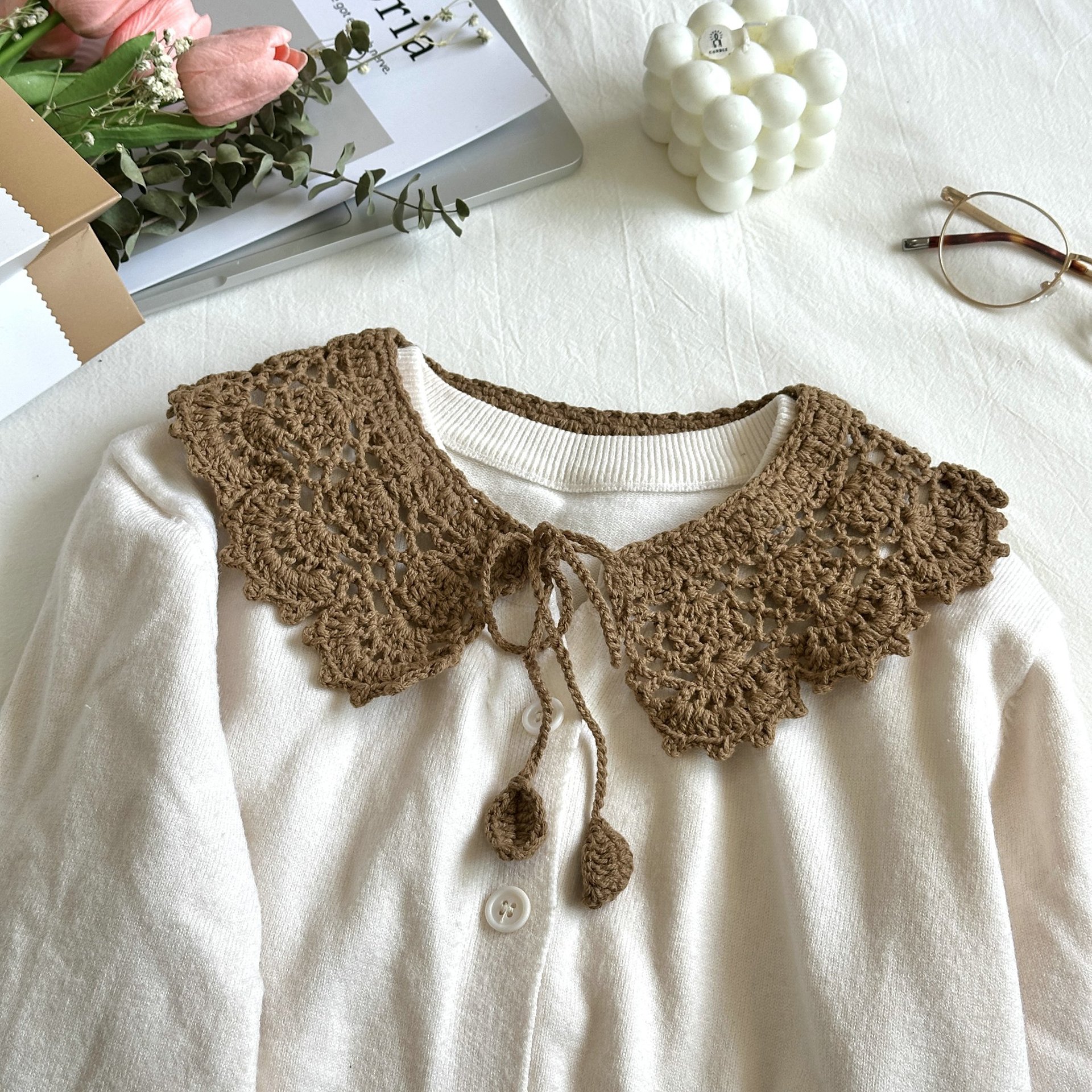 Printemps coréen vêtements chauds creux tricoté châle oreille en bois artistique rétro épaule tout assorti faux col écharpe pour femmes