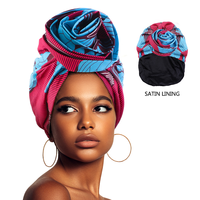 Chapeau turban doublé en satin imprimé africain pour femme, casquettes ethniques multifonctions à tête ronde, toutes sortes de fleurs, mode populaire