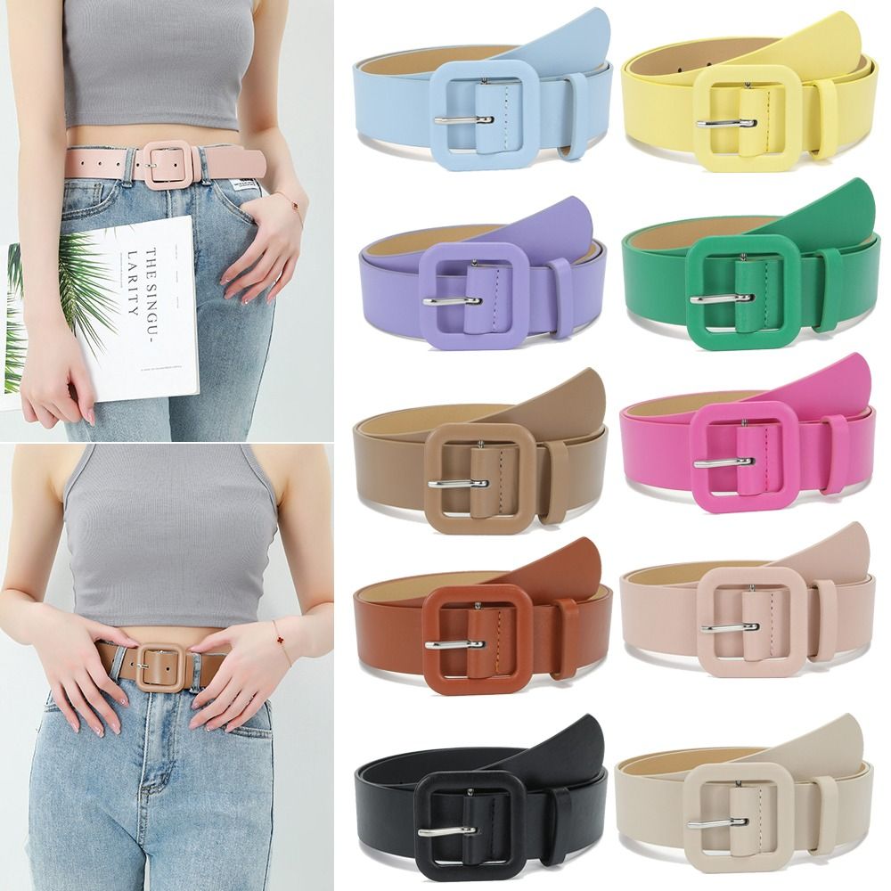 Ceinture en cuir vintage pour femme, couleur bonbon, avec boucle carrée, fine, pour pantalon ou robe
