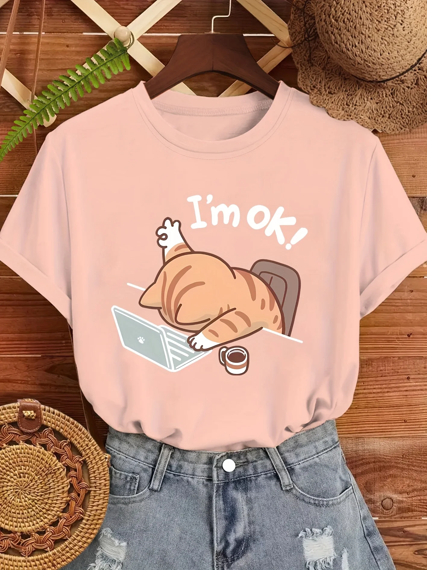 T-Shirt manches courtes col rond femme, mignon, imprimé chat I'm OK, décontracté, Beige, avec vêtements esthétiques élégants au Design de chat endormi