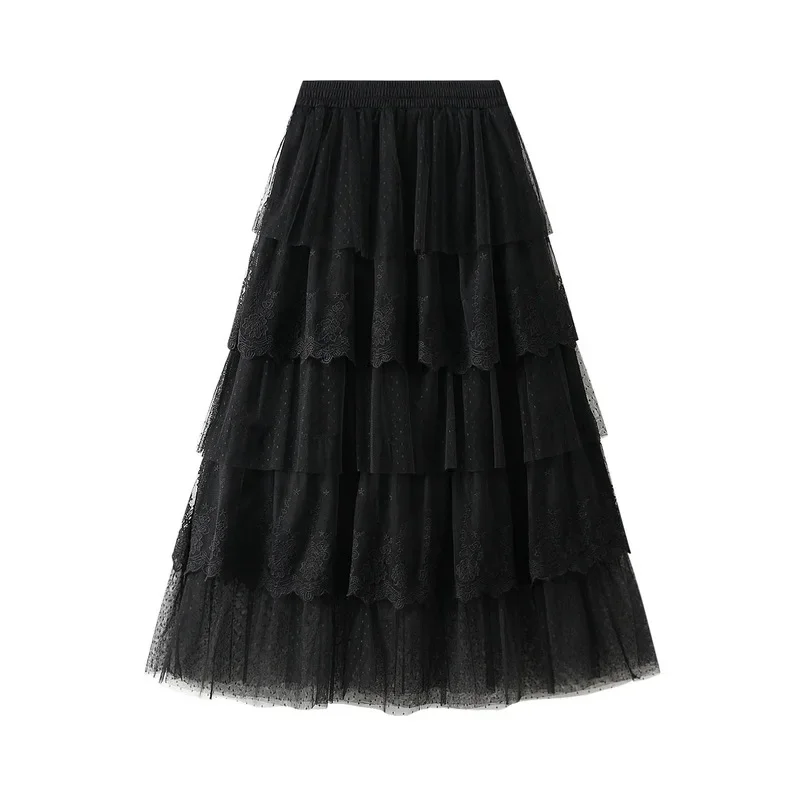 Élégante jupe longue en mousseline patchwork de dentelle, nouvelle jupe plissée taille haute en maille superposée, ligne A romantique à pois pour l'été 0208