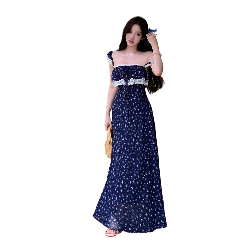 Robe d'été sans manches pour femme, bleue, à fleurs, avec dentelle, style français, romantique, robe maxi de vacances, ourlet à volants, vintage, bohème chic