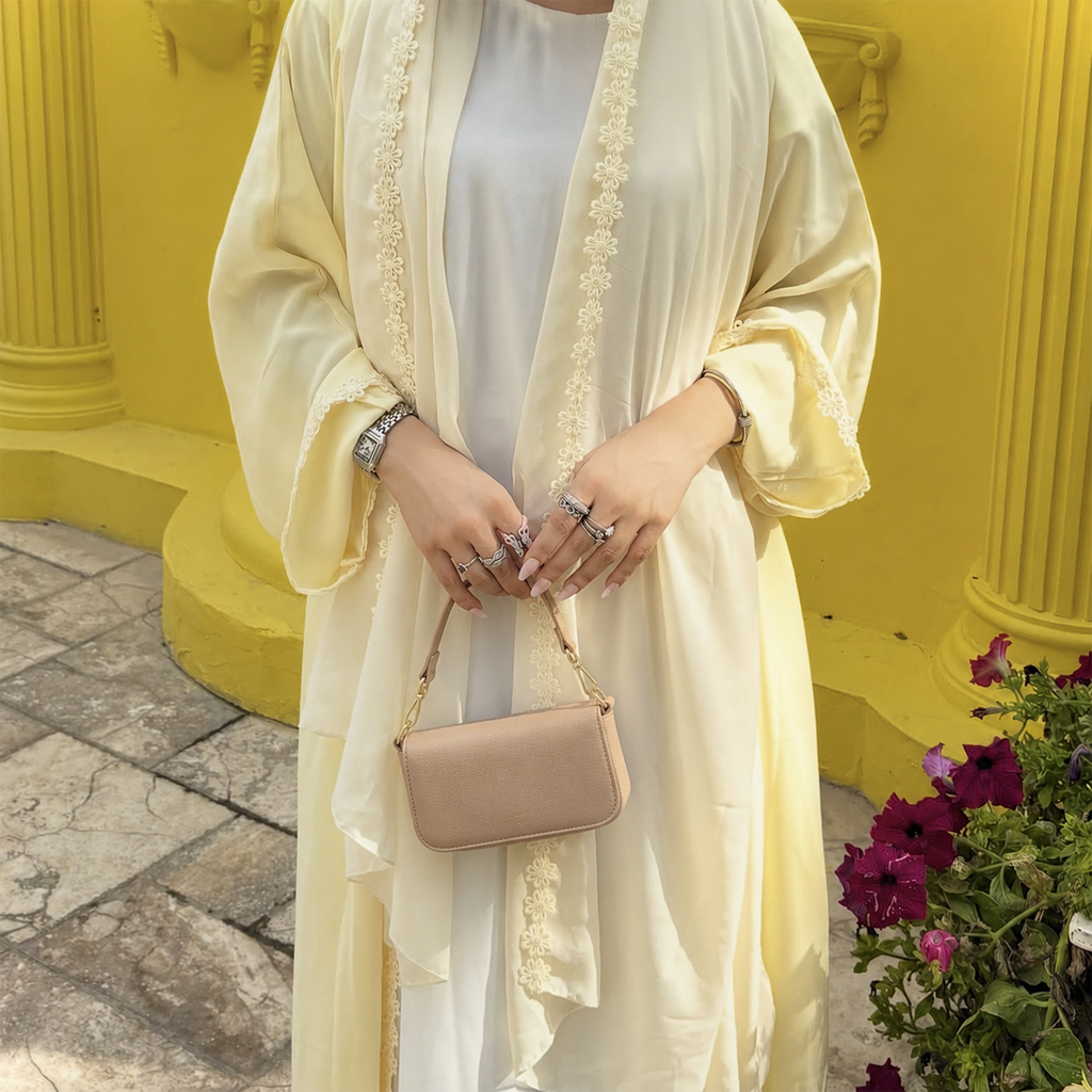Abaya musulmane pour femmes avec accent floral en dentelle d'été, avec châle hijab, pour soirée, fête, Eid, vêtements islamiques - Coupe régulière, poches latérales