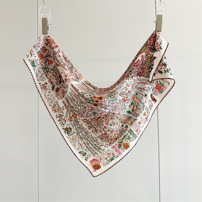 Foulard carré 100% soie de mûrier crêpe de Chine, vintage, imprimé floral, bordure en dentelle, polyvalent, pour femme