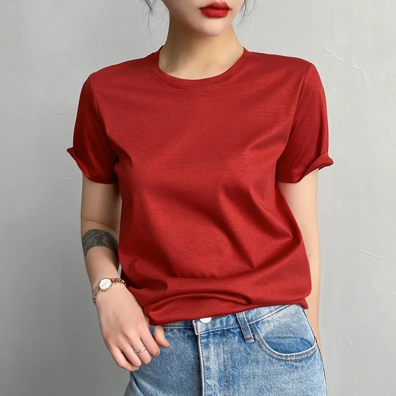 T-shirts en Soie de Mûrier et Coton pour Femme, Hauts Unis à Col Rond, Manches Courtes d'Été, T-shirts Basiques Doux, Style Ample, Mode Coréenne 2026
