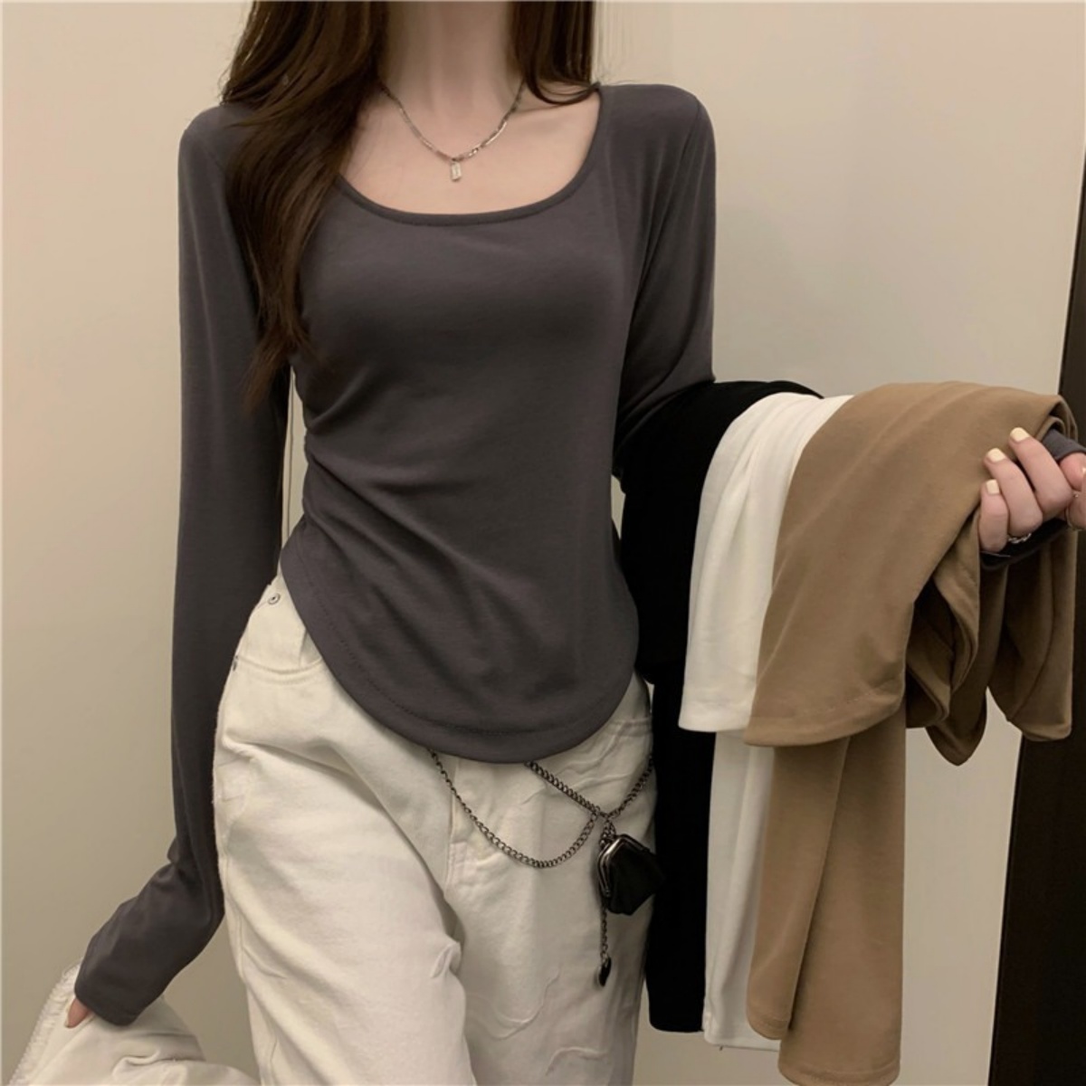 T-shirt à manches longues et col carré pour femme, printemps automne, nouveau, ourlet irrégulier, haut décontracté mince, chemises unies, nouveau streetwear coréen
