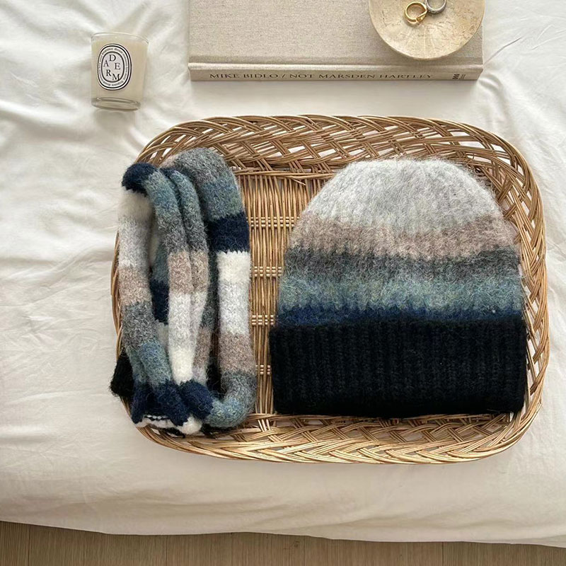 Ensemble de bonnets et écharpe arc-en-ciel rayés pour femmes et hommes, chapeaux Skullis chauds, casquettes Carf résistantes au froid, unisexe, extérieur, hiver, 2 pièces