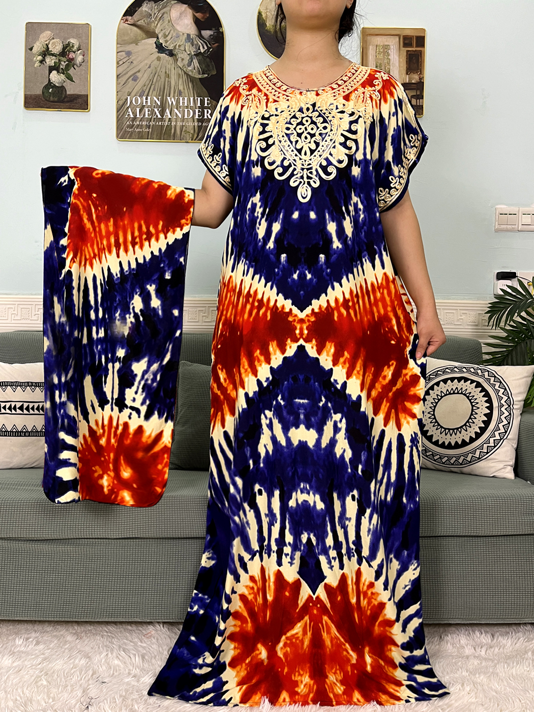 Abayas en coton musulman pour femmes, avec des Appliques imprimées, Caftan Marocain, Boubou, robes islamiques africaines avec foulard, 2024