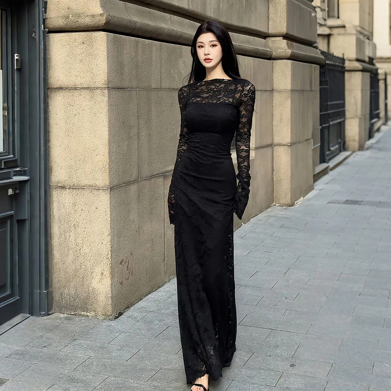 Robe élégante en dentelle française pour femmes, manches longues, robe en crochet douce et fine, robe de soirée blanche transparente, robe de soirée chic, vestidos féminins