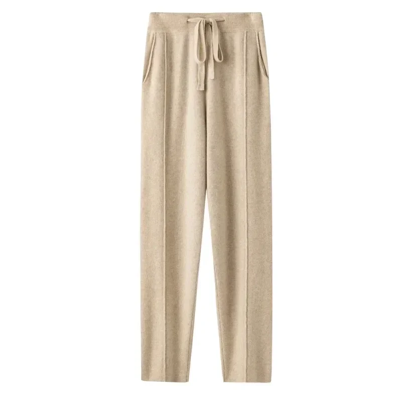 Pantalon de survêtement en cachemire pour femme, nouvelle mode, taille haute, cordon de serrage, décontracté, tricoté, sarouel, automne hiver 2023