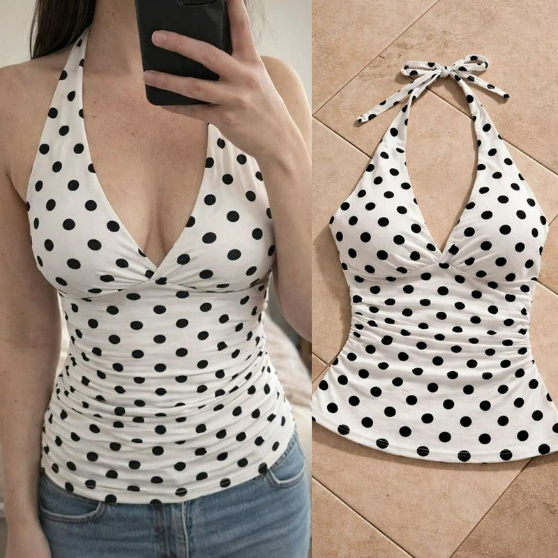 Débardeur plissé sans manches à pois pour femme, col en V profond, style Y2K, avec volants, à lacets, pour la plage