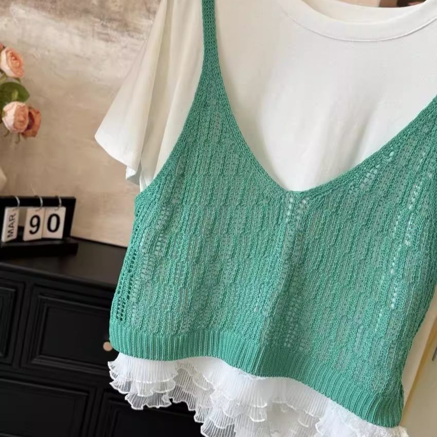 Gilet tricoté bleu coréen sans manches pour femme, style printemps-été, débardeur tube, cache-cœur, haut à superposer, gilet court à fines bretelles
