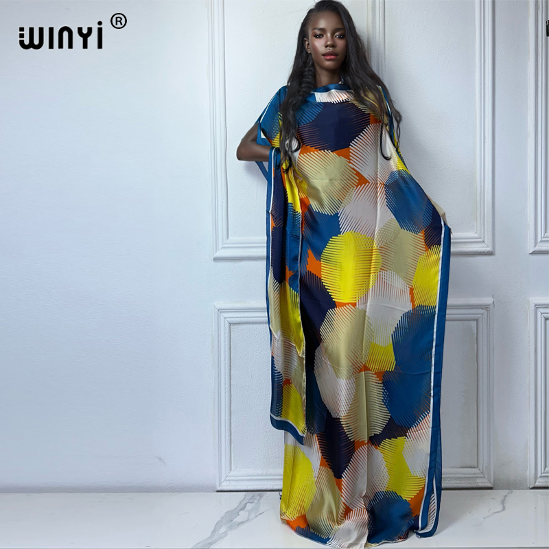WINYI-Robe imprimée style bohème avec ceinture pour femmes africaines, abaya dubaï, tenue traditionnelle de luxe, ensembles musulmans, robe de soirée maxi