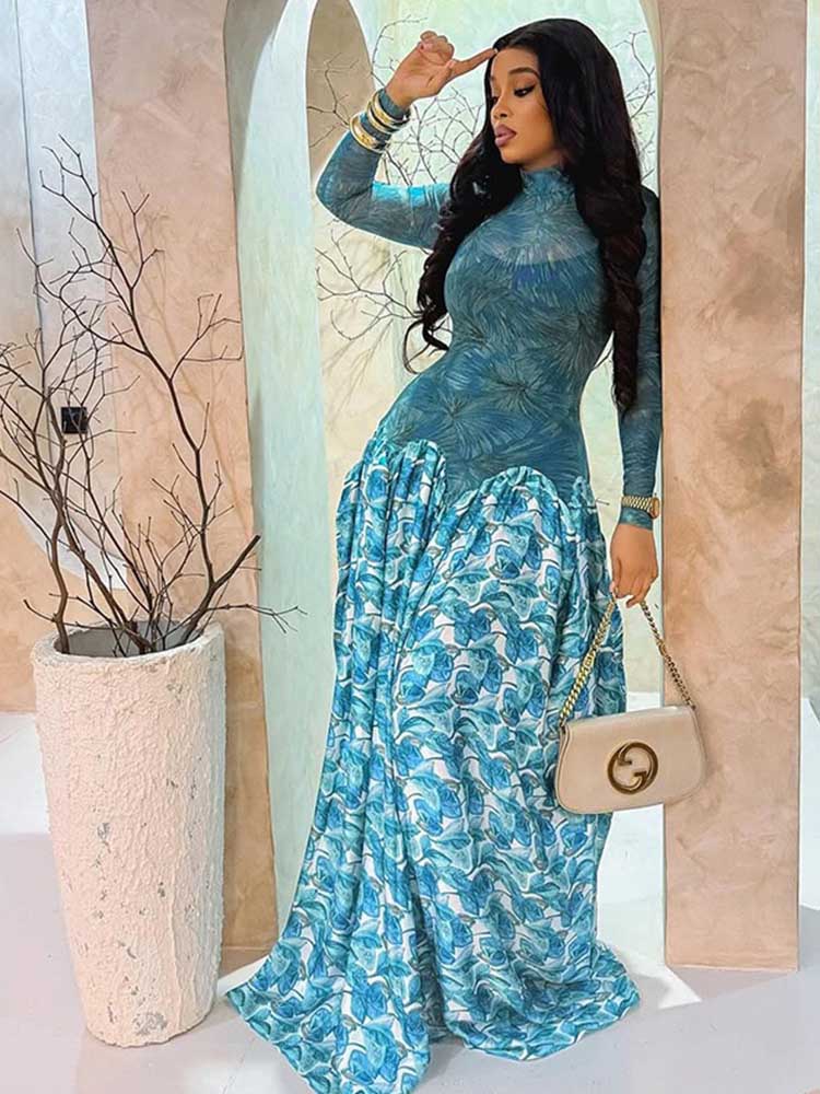 Une ligne robe Maxi pour les femmes automne bleu clair robe à manches longues taille mince mi-col roulé Chic élégant robes de soirée dames