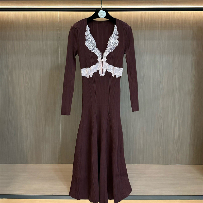 Nouvelle Robe Longue Tricotée Femme Printemps à Col Carré et Dentelle, Manches Longues, Coupe Ajustée, Jupe Sirène Longue, Haute Qualité, Tendance et Sexy