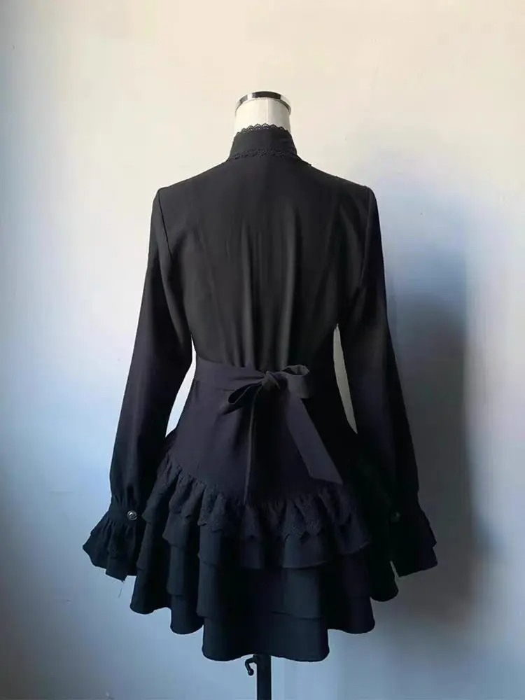 Robe Vintage Gothique Printemps Femme, Style Lacets, Design High Street, Noire, Lolita, Coupe Slim, Manches Longues en Dentelle, Collection 2025 Y2K