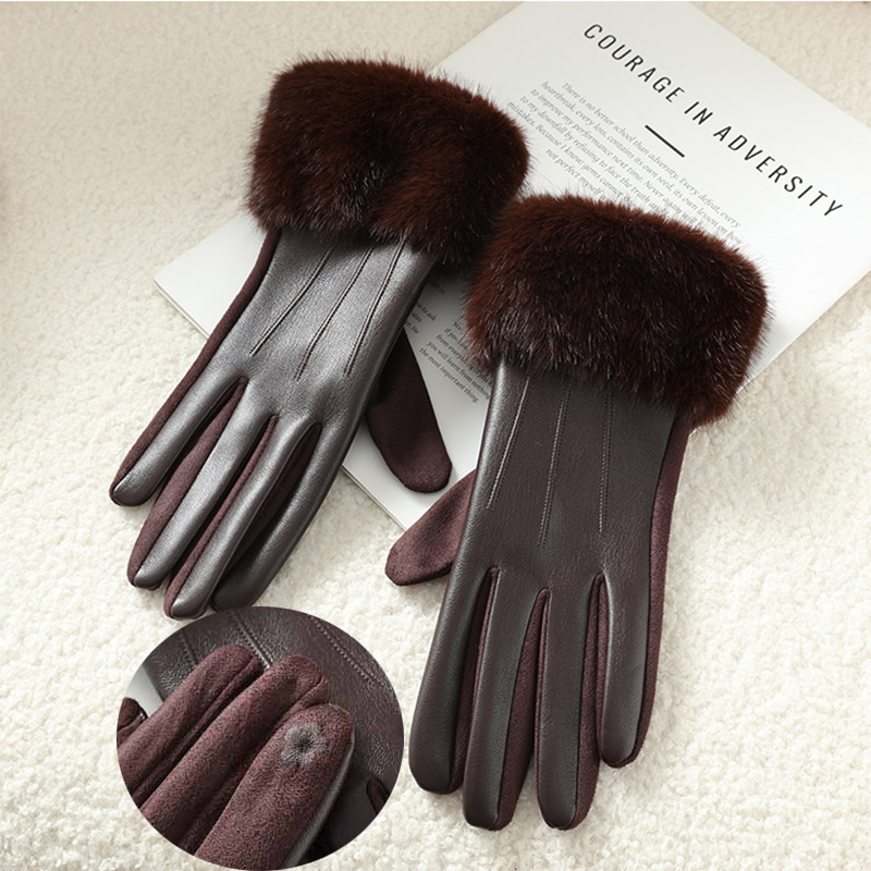 Gants en cuir PU pour femmes, avec garniture en fausse fourrure, manchette pour temps froid, doublure thermique épaisse, gants chauds coupe-vent, mode hiver