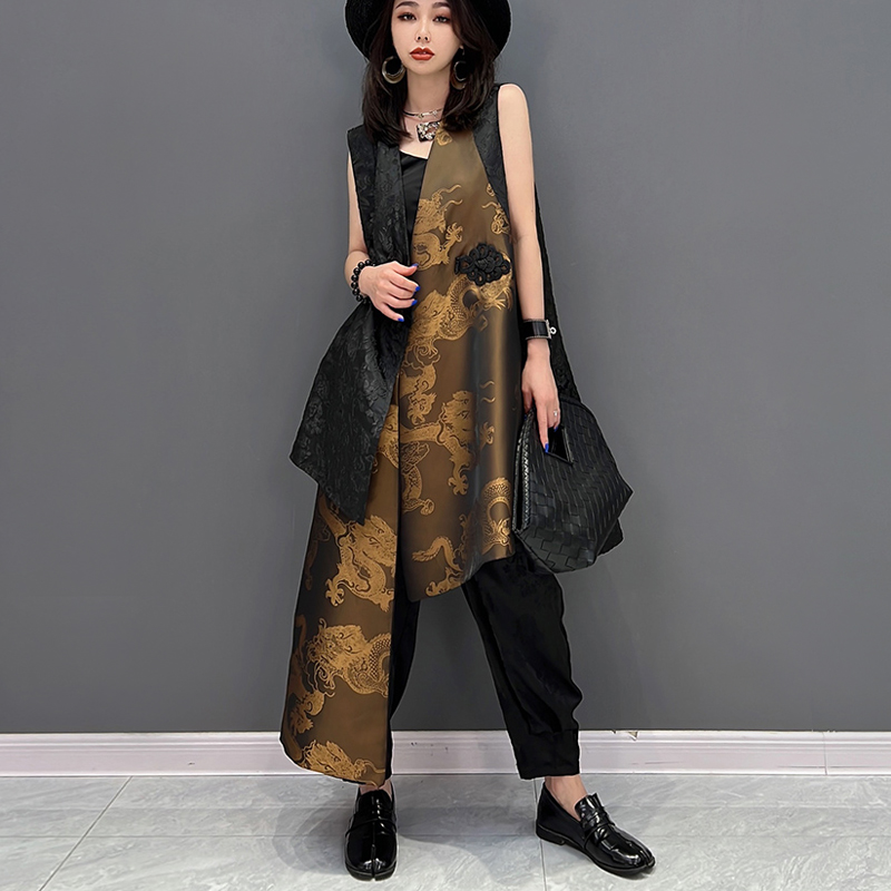 Haut long imprimé doré pour femme, chemise irrégulière, tenue décontractée, nouveau, été, style coréen, respirant, 2024, JJXS120