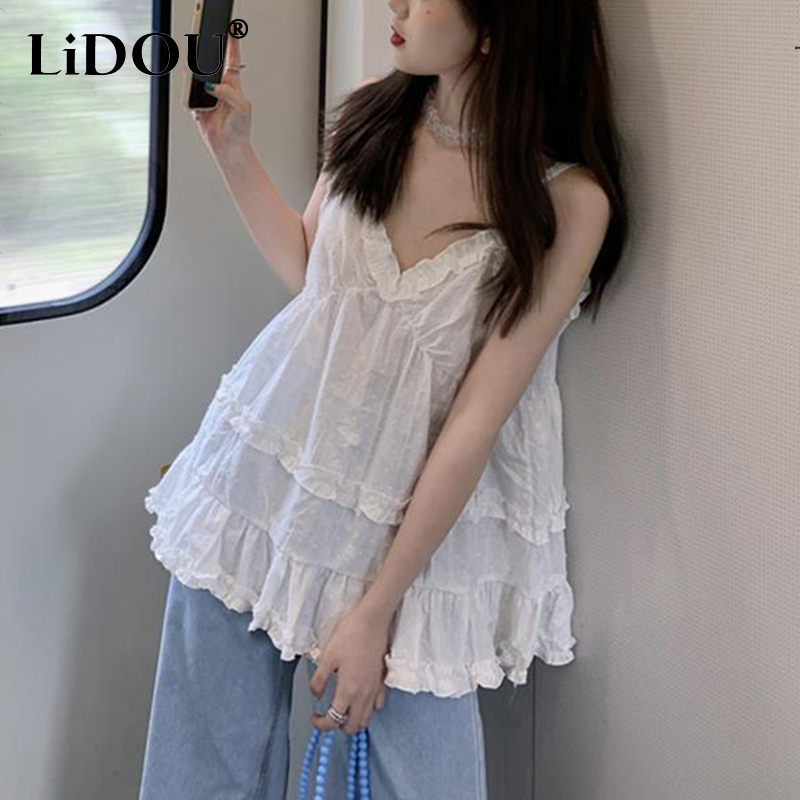 Camisole sexy à volants pour femmes, couleur unie, haut précieux, décontracté, slim, col en V, vêtements féminins, nouvelle mode, été