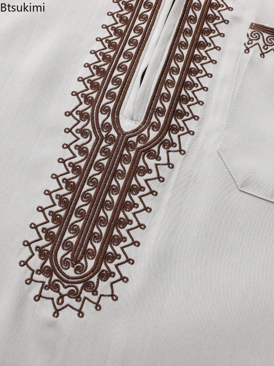 Robe traditionnelle pour hommes 2026, motif ethnique brodé, fermeture éclair, col montant, manches longues, Jubba Thobe, robe musulmane pour hommes, Thobe islamique