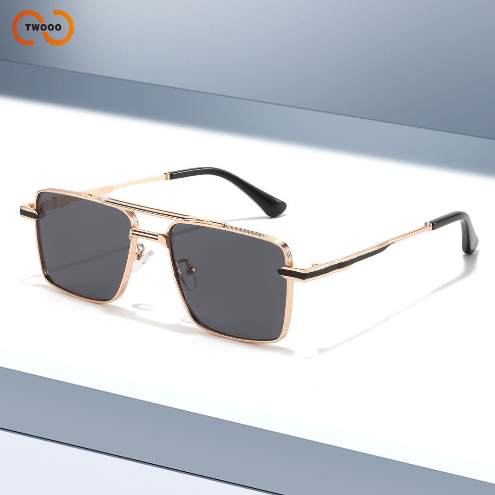 Lunettes de soleil carrées à double pont en métal pour hommes – Style rétro tendance, protection UV pour la conduite, les voyages et les activités de plein air