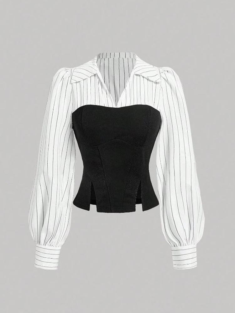 Chemise rayée élégante pour femmes, chemisier de bureau décontracté d'affaires avec revers épissé, chemise de travail cintrée à la mode