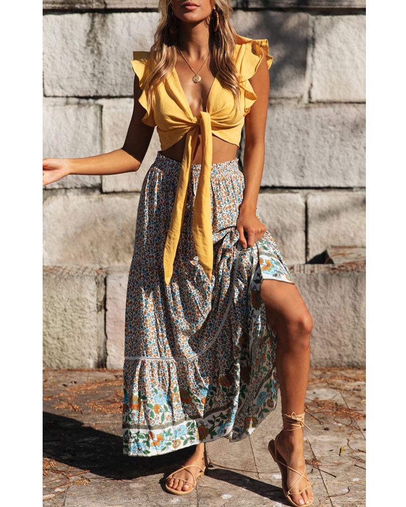 Boho Dinner ens-Jupe de plage beige à imprimé floral pour femmes, taille haute élastique, rayonne, coton plissé, maxi gitane