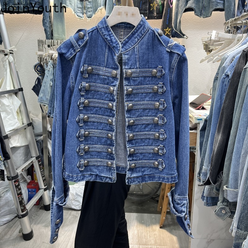 Vestes en jean pour femmes, style vintage, col montant, manches longues, coupe courte, tunique décontractée chic, style Y2K, Ropa Mujer