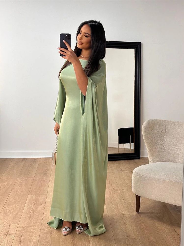 Ramadan Eid été Satin chauve-souris Abaya dubaï femmes Islam musulman Maxi caftan robes Kebaya Caftan Marocain Robe Femme Musulmane