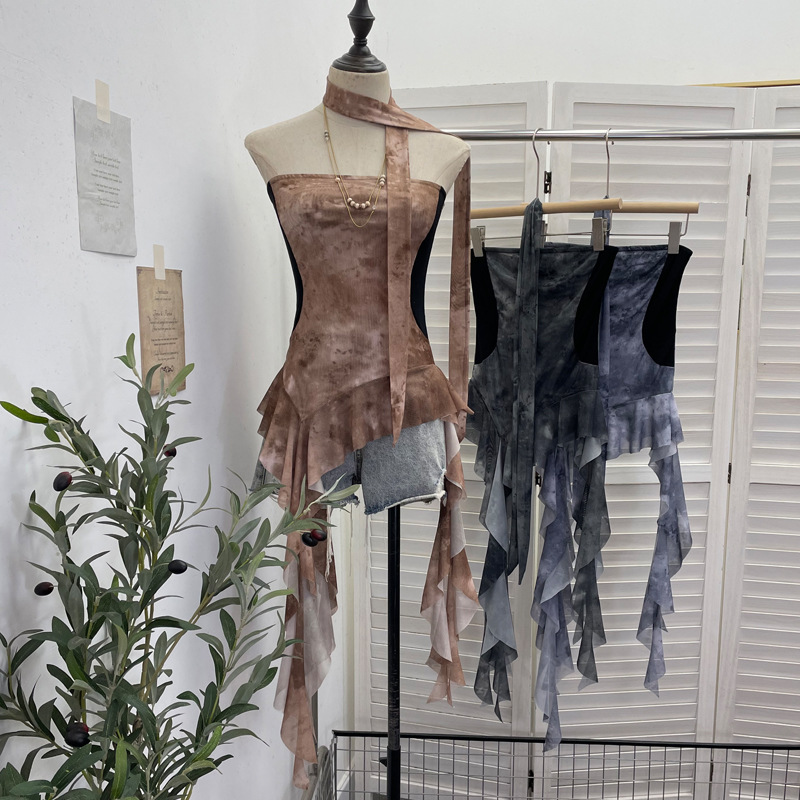 ISAROSE – Camisole d'été sans bretelles pour femme, motif léopard, maille extensible, patchwork latéral, coupe ajustée, volants asymétriques, hauts type foulard