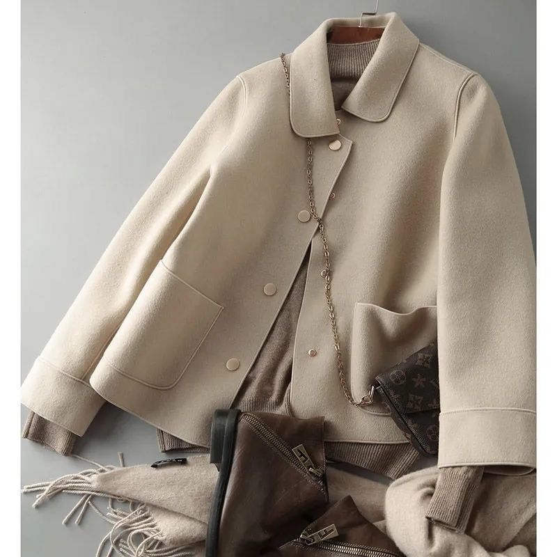 Manteau court en laine à revers et manches longues pour femme, nouvelle collection printemps-automne 2023, style simple, élégant, décontracté, coupe ample, grande taille