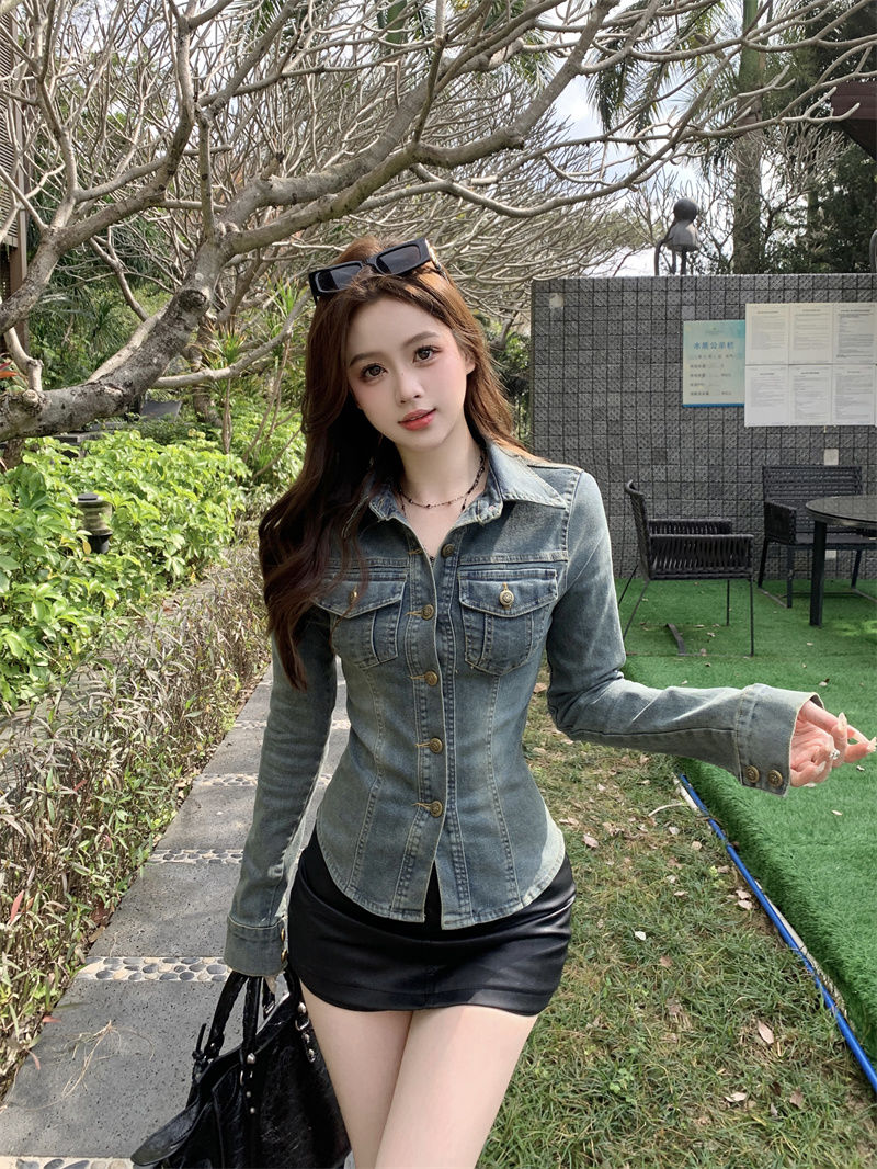 Femmes Denim Blouse Vintage nouveau printemps plein coton à lacets solide veste décontractée jean femmes Style de rue Style euro-américain