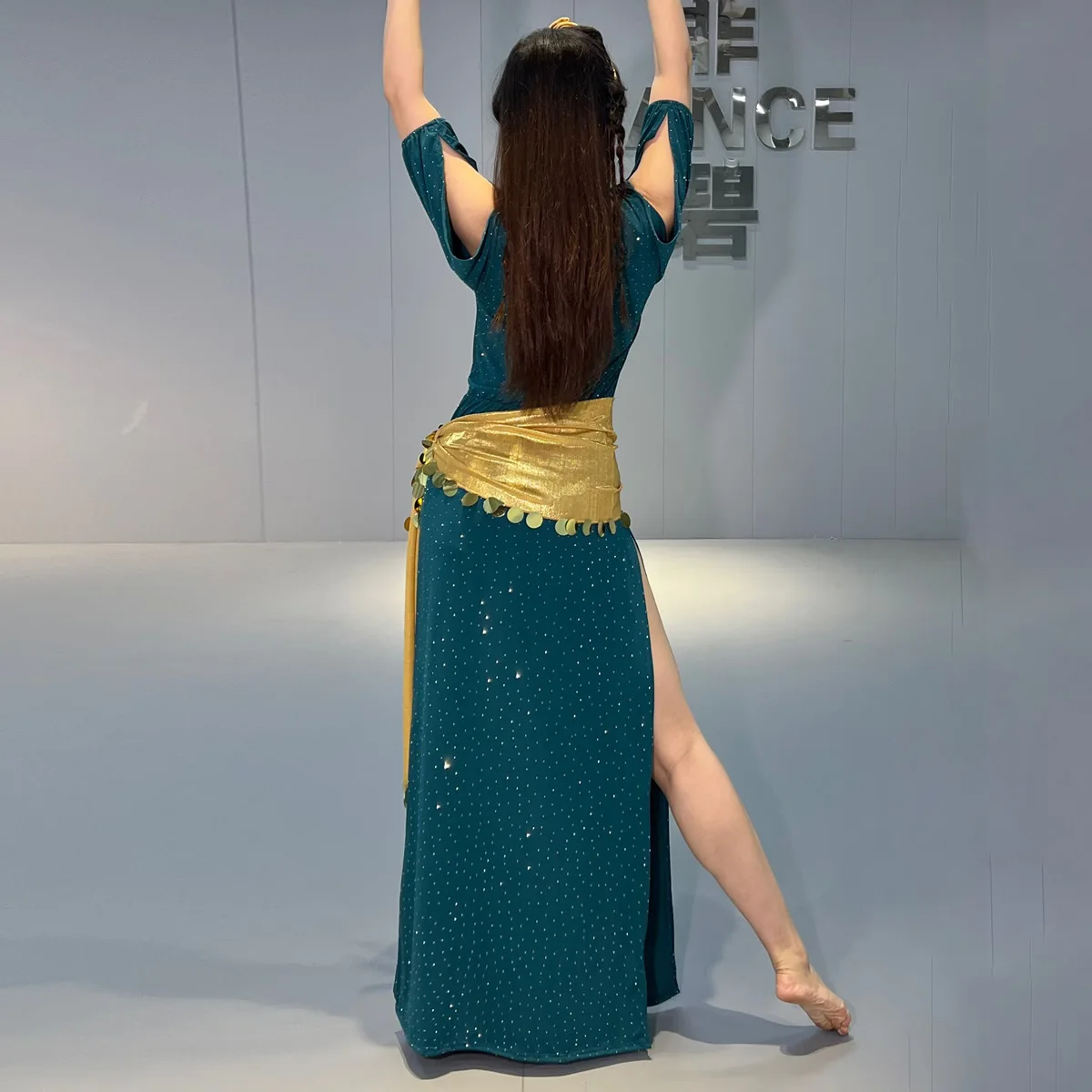 Shabbi Baladi Performance Robes pour femmes, ensemble de olympiques de danse du ventre, robe en coton à demi-manches, coiffure et ceinture, 3 pièces