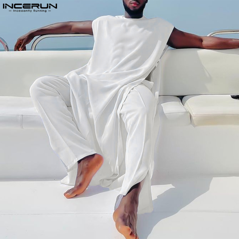 INCERUN hommes ensembles vêtements musulmans arabie saoudite solide col rond sans manches caftan Jubba Thobe & pantalon 2 pièces 2024 costumes pour hommes islamiques