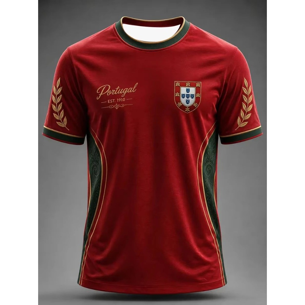 Maillot de football unisexe Portugal blanc à col rond avec imprimé écusson Laurel et bordure verte et rouge, modèle EST 1910, pour supporter