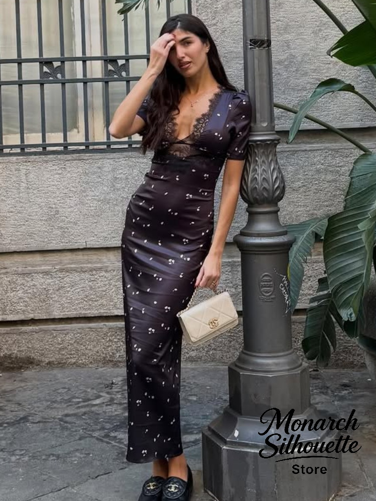 Robe longue noire en satin à imprimé patchwork et dentelle pour femme, col en V, manches courtes, taille haute, ajourée, pour le quotidien et les fêtes