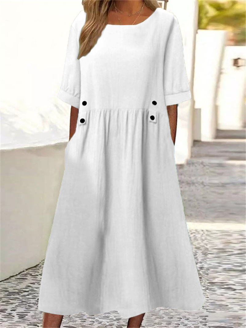 Robe Confortable en Coton et Lin pour Femme, Taille Haute, Décoration de lèvent, Décontractée, Couleur Unie, Demi Manches, Été 2024