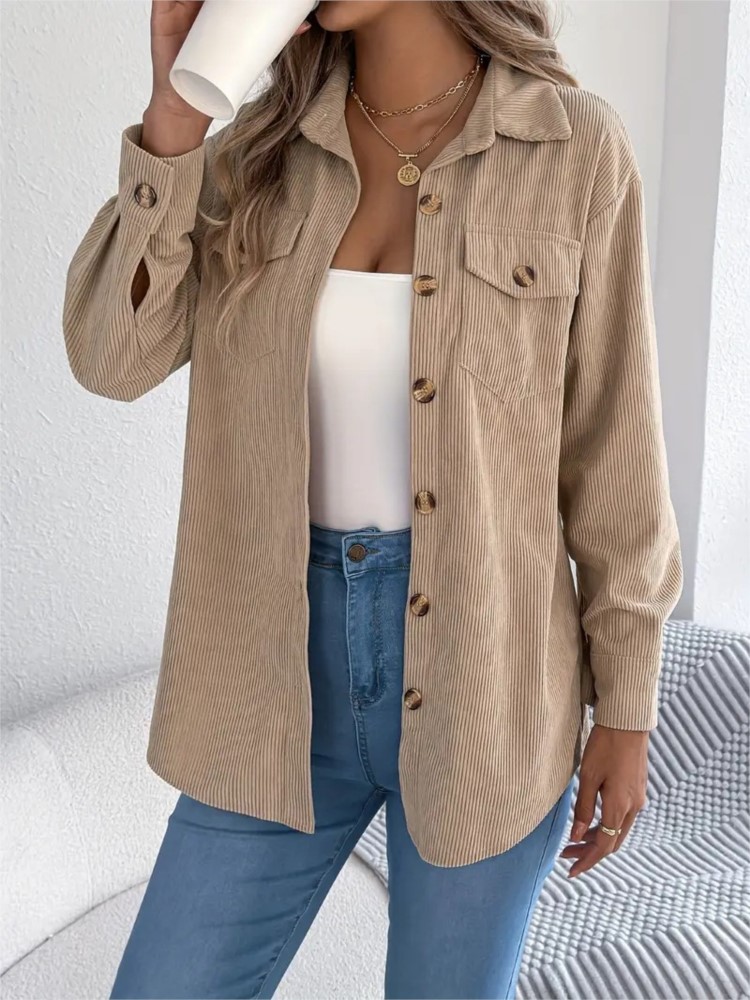 Veste en velours côtelé à manches longues pour femme, élégante, simple boutonnage, couleur unie, chemise ample et décontractée, nouvelle mode, manteau supérieur noir, vêtements pour femmes