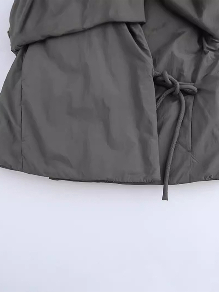 Manteau en coton à lacets gris décontracté pour femmes, col en V, poche de luxe, vestes optiques, rue chic féminine, vêtements d'extérieur assortis, automne, 2024